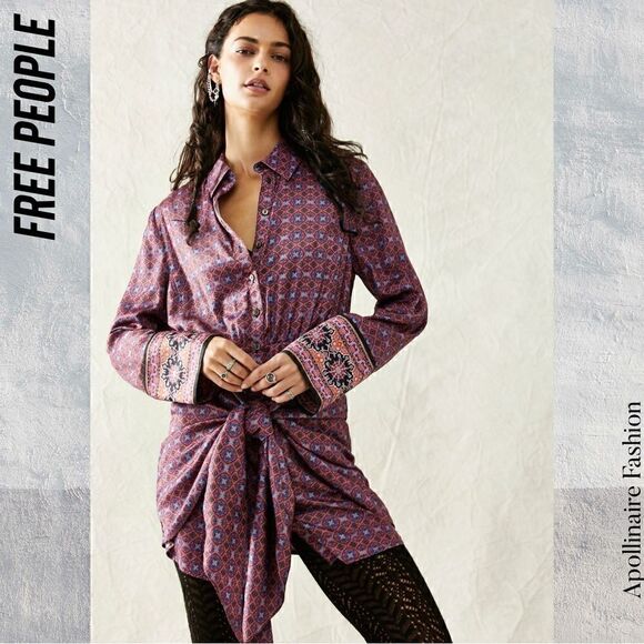 Free People Dresses & Skirts - FREE PEOPLE SILKY RILLO SHIRTDRESS PLUM PURPLE COMBO NWT XS
